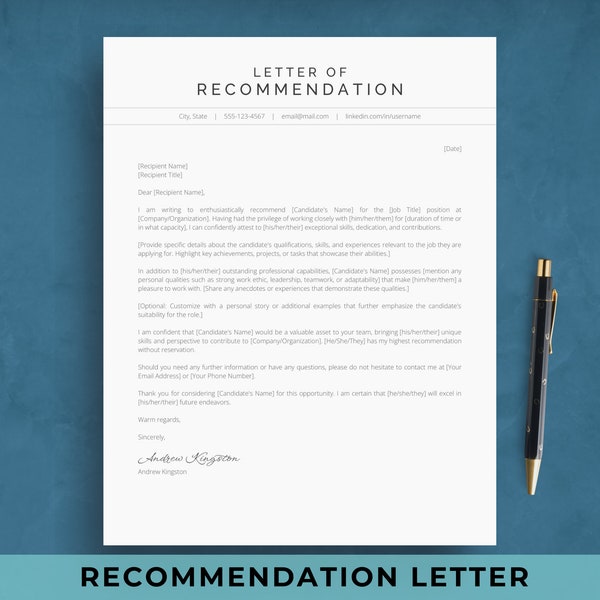 Professional Letter of Recommendation Template | Job Application Reference Letter Example | Character Recommendation Letter | Google Docs