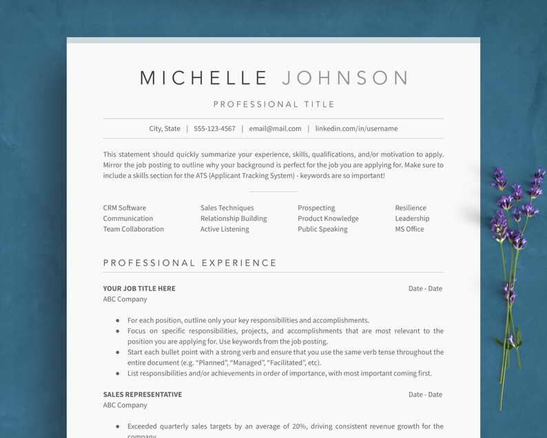 modern grey and green ats friendly resume template on blue background with purple flowers.