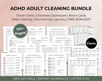 Adult ADHD Cleaning Checklist Bundle | Printable Cleaning Schedule Templates, Cleaning Planner, Adult Chore Chart, Declutter, Editable Canva