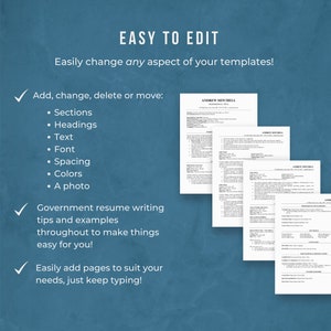 Może przedstawiać: Niebieskie tło z białym tekstem, kt&oacute;ry brzmi "EASY TO EDIT" i "Easily change any aspect of your templates!"  Lista kontrolna z zaznaczonymi polami obok następujących pozycji: "Dodaj, zmień, usuń lub przenieś: Sekcje, Nagł&oacute;wki, Tekst, Czcionka, Odstęp, Kolory, Zdjęcie".  Lista kontrolna z zaznaczonym polem obok następujących pozycji: "Wskaz&oacute;wki i przykłady pisania CV dla rządu w całym procesie, aby ułatwić Ci zadanie!" i "Łatwo dodawaj strony, aby dopasować je do swoich potrzeb, po prostu kontynuuj pisanie!"  Po prawej stronie obrazu pokazano cztery czarno-białe szablony CV.