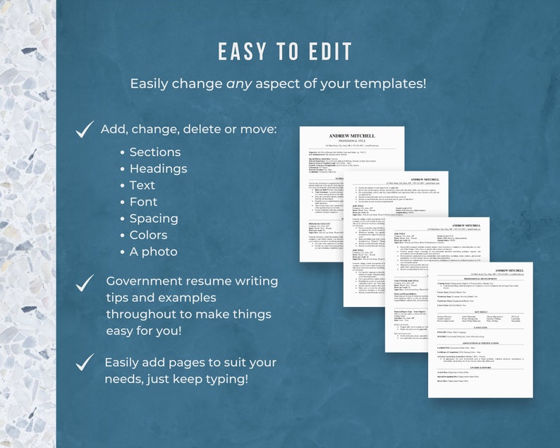 Może przedstawiać: Niebieskie tło z białym tekstem, kt&oacute;ry brzmi "EASY TO EDIT" i "Easily change any aspect of your templates!"  Lista kontrolna z zaznaczonymi polami obok następujących pozycji: "Dodaj, zmień, usuń lub przenieś: Sekcje, Nagł&oacute;wki, Tekst, Czcionka, Odstęp, Kolory, Zdjęcie".  Lista kontrolna z zaznaczonym polem obok następujących pozycji: "Wskaz&oacute;wki i przykłady pisania CV dla rządu w całym procesie, aby ułatwić Ci zadanie!" i "Łatwo dodawaj strony, aby dopasować je do swoich potrzeb, po prostu kontynuuj pisanie!"  Po prawej stronie obrazu pokazano cztery czarno-białe szablony CV.