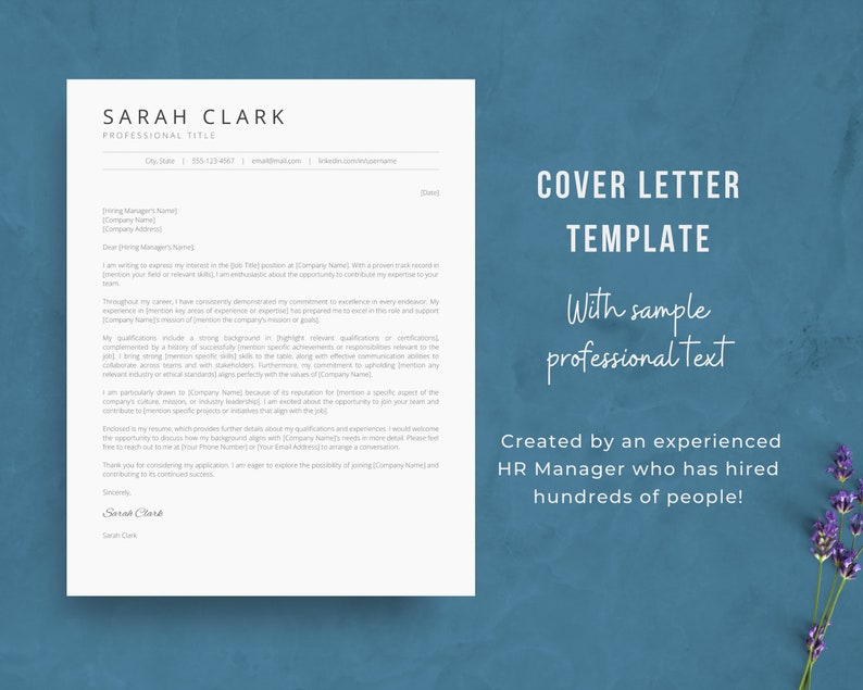 May include: A cover letter template with sample professional text. The template is designed for job seekers to use when applying for a new position. The text includes a sample cover letter that can be used as a guide.