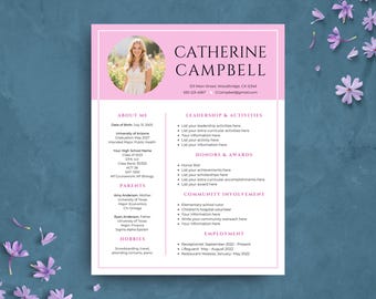 Plantilla de currículum de hermandad rosa con foto, plantilla de currículum urgente editable con carta de presentación, currículum para eventos sociales universitarios, paquete de hermandad, currículum rosa