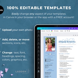 May include: A screenshot of a Canva design template for a resume. The template is blue and white with a photo of a woman in the top left corner. The text "Abigail Roberts" is in a large font at the top of the page. The template includes sections for leadership and activities, honors and awards, community involvement, hobbies and interests, and employment.