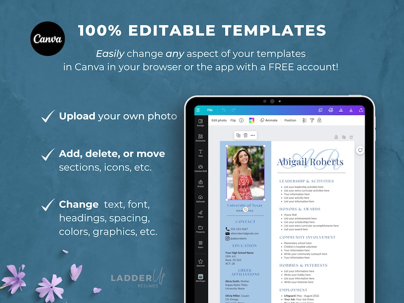 May include: A screenshot of a Canva design template for a resume. The template is blue and white with a photo of a woman in the top left corner. The text "Abigail Roberts" is in a large font at the top of the page. The template includes sections for leadership and activities, honors and awards, community involvement, hobbies and interests, and employment.