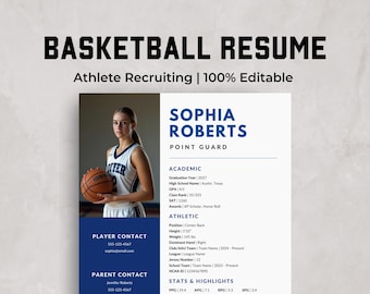 Puede incluir: Plantilla de currículum de baloncesto con una foto de una jugadora de baloncesto con un balón. El currículum incluye información de contacto, detalles académicos y estadísticas deportivas. El texto dice "Basketball Resume" y "Athlete Recruiting | 100% Editable."
