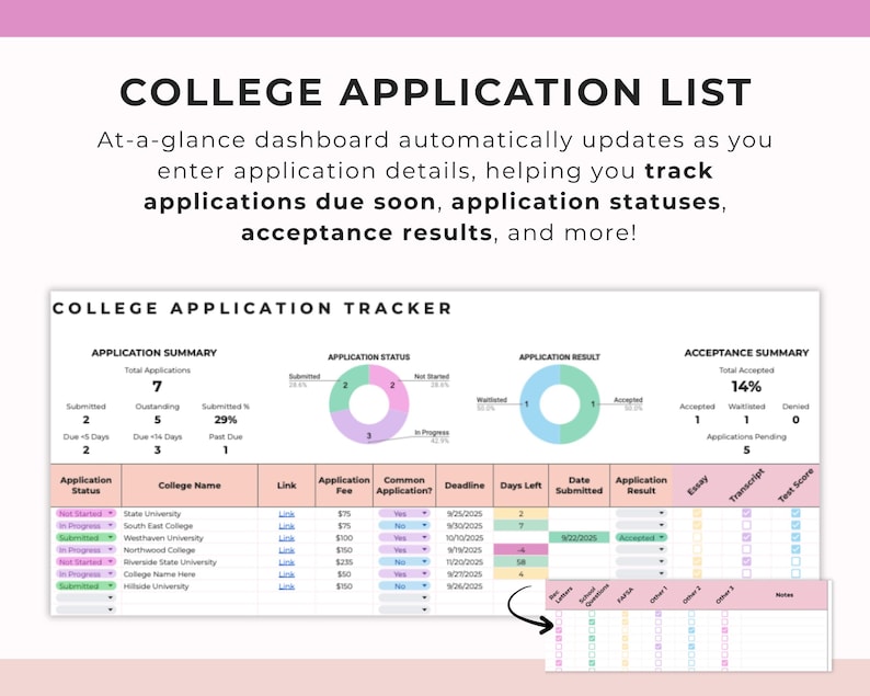 May include: A college application tracker with the title "COLLEGE APPLICATION LIST". The dashboard displays application statuses, deadlines, and acceptance results. The tracker includes a summary of applications, application status, and acceptance summary.
