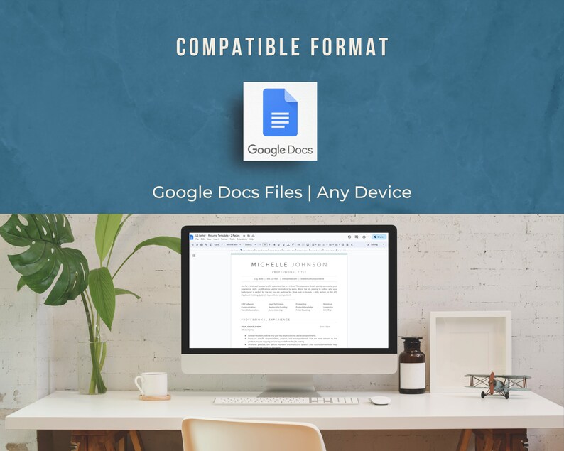 Google Docs modern and executive looking resume template shown being edited on a desktop computer on a desk, with a Google Docs logo on blue background.