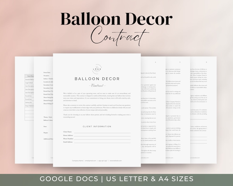 May include: A printable contract template for balloon decor businesses. The contract includes sections for client information, balloon details, and terms and conditions.