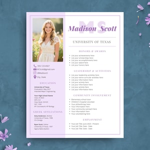 Sorority Resume Template, Lavender Rush Resume Template with Photo, Purple Sorority Rush Packet, Sorority Recruitment Social CV for Student