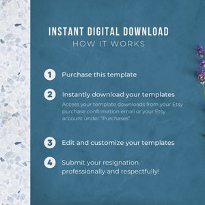 May include: A blue background with white text explaining how to download a digital template. The text includes the steps: 1. Purchase this template, 2. Instantly download your templates, 3. Edit and customize your templates, 4. Submit your resignation professionally and respectfully! A sprig of lavender is in the upper right corner of the image.