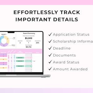 Puede incluir: Una pantalla de port&aacute;til que muestra una hoja de c&aacute;lculo con datos financieros y el texto "EFFORTLESSLY TRACK IMPORTANT DETAILS". La hoja de c&aacute;lculo incluye gr&aacute;ficos, tablas y casillas de verificaci&oacute;n junto a detalles clave.