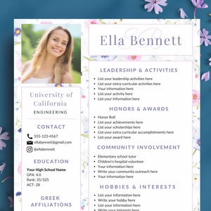 Sorority Resume Template | Floral Rush Resume Template with Photo | Social Resume for College Student | Sorority Rush Packet | Pink & Purple
