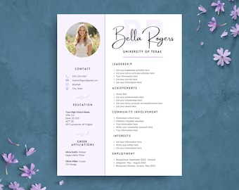 Plantilla de currículum para hermandades/Plantilla de currículum en tono lavanda y morado para reclutamiento de hermandades/Paquete de currículum para eventos sociales universitarios con carta de presentación