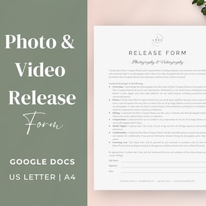 May include: A white release form for photography and videography with the title "Release Form" and the text "Photography & Videography" in a black font. The form includes sections for ownership, release, editing, compensation, model's rights, confidentiality, and governing law.