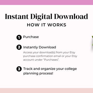 May include: A digital download graphic with the text "Instant Digital Download" and "How It Works." The steps are numbered: Purchase, Instantly Download, and Track and organize your college planning process! A small potted succulent is in the upper right corner.