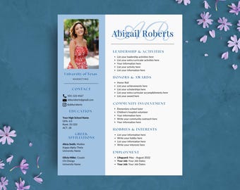 Blue Sorority Resume Template | Editable Sorority Recruitment Rush Resume Template | Social Resume Packet with Cover Letters for College