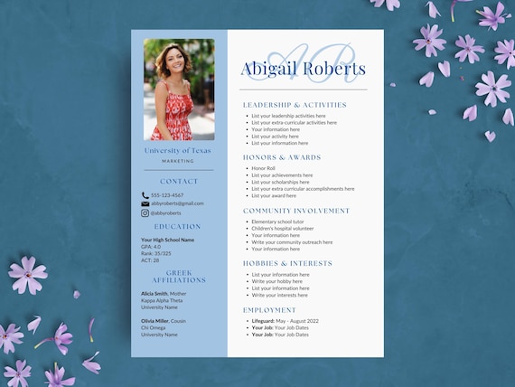 Blue Sorority Resume Template | Editable Sorority Recruitment Rush Resume Template | Social Resume Packet with Cover Letters for College
