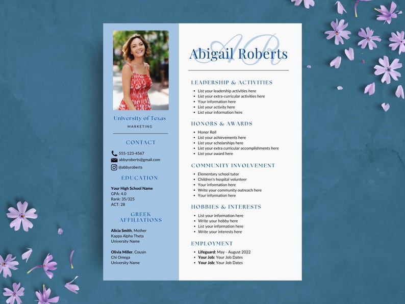 Blue Sorority Resume Template | Editable Sorority Recruitment Rush Resume Template | Social Resume Packet with Cover Letters for College image 1