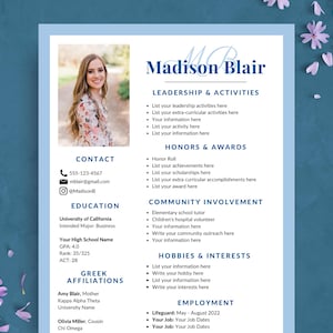 Blue Monogram Sorority Resume Template with Photo, Editable Rush Resume Template w/ Cover Letter, College Social Resume, Sorority Packet