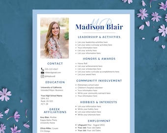 Blue Monogram Sorority Resume Template with Photo, Editable Rush Resume Template w/ Cover Letter, College Social Resume, Sorority Packet
