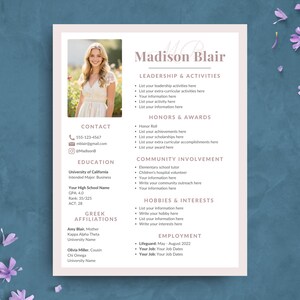 Sorority Resume Template | Minimalist Rush Resume with Photo and Sample Cover Letter | Aesthetic  College Social Resume Packet for Canva