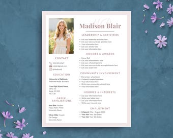 Plantilla de currículum para hermandad de mujeres / Currículum minimalista urgente con foto y carta de presentación de muestra / Paquete de currículum universitario estético para Canva