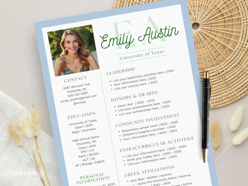 May include: A resume template with a photo of a woman, light blue and white background, and green accents. The resume includes sections for contact information, education, leadership, honors, community involvement, extracurricular activities, and Greek affiliations.