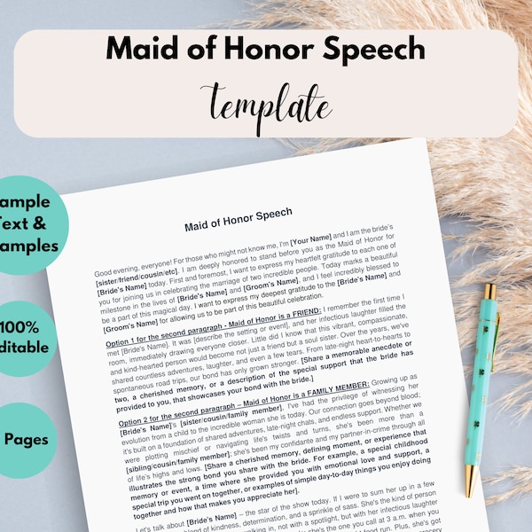 Editable Maid of Honor Speech Template | Matron of Honour / Bridesmaid Wedding Speech Example | Toast to Bride | Mother / Father of Bride