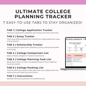 May include: A digital college planning tracker with seven tabs for organization. The tabs include college application, essay, and scholarship trackers, a college comparison list, a task list, a packing list, and instructions. A laptop displays a scholarship tracker.