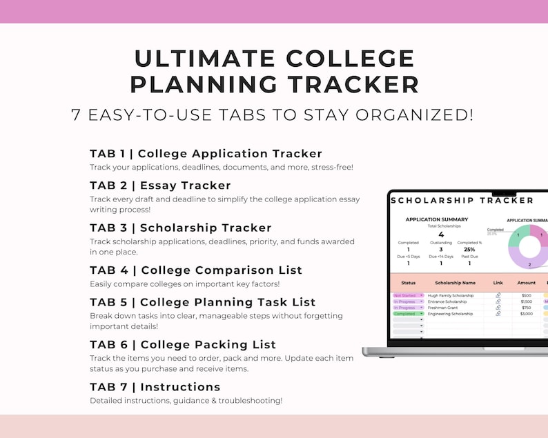 May include: A digital college planning tracker with seven tabs for organization. The tabs include college application, essay, and scholarship trackers, a college comparison list, a task list, a packing list, and instructions. A laptop displays a scholarship tracker.