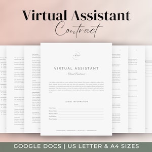 May include: A black and white printable contract template for virtual assistants. The document includes a title, "Virtual Assistant - Client Contract", and a section for client information.