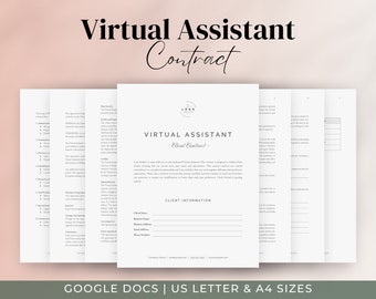 May include: A black and white printable contract template for virtual assistants. The document includes a title, "Virtual Assistant - Client Contract", and a section for client information.