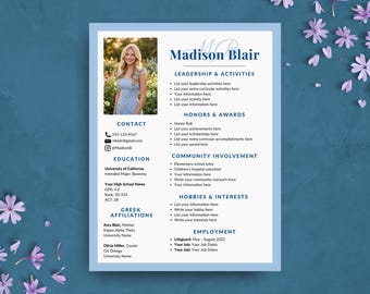 Blue Monogram Sorority Resume Template with Photo, Editable Rush Resume Template w/ Cover Letter, College Social Resume, Sorority Packet