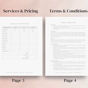 May include: A black and white document with the title "Services & Pricing" on the left page and "Terms & Conditions" on the right page. The left page has a table with the headings "Item Description", "Amount", "Price", and "Total". The right page has a list of terms and conditions.