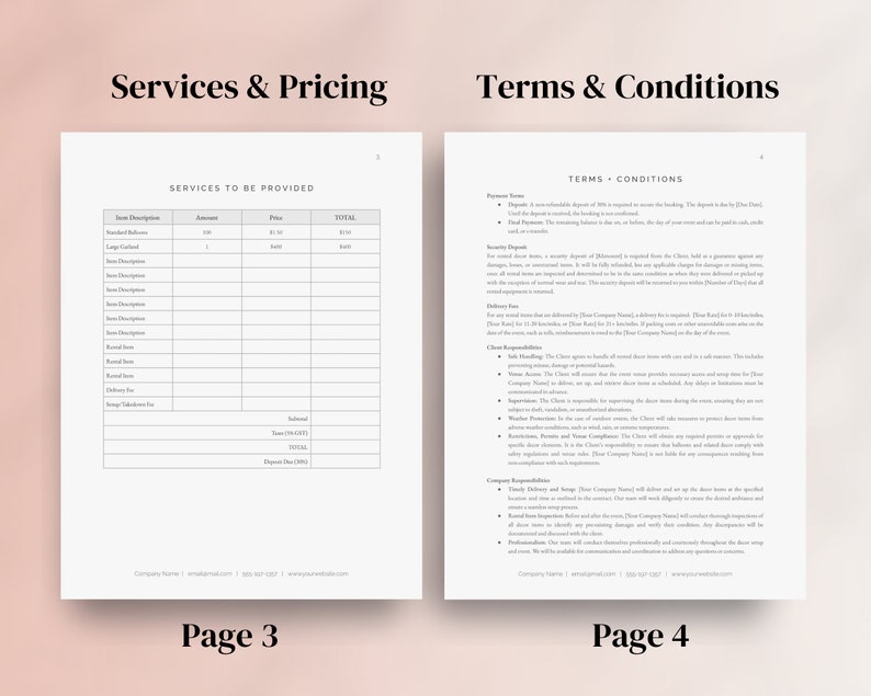 May include: A black and white document with the title "Services & Pricing" on the left page and "Terms & Conditions" on the right page. The left page has a table with the headings "Item Description", "Amount", "Price", and "Total". The right page has a list of terms and conditions.