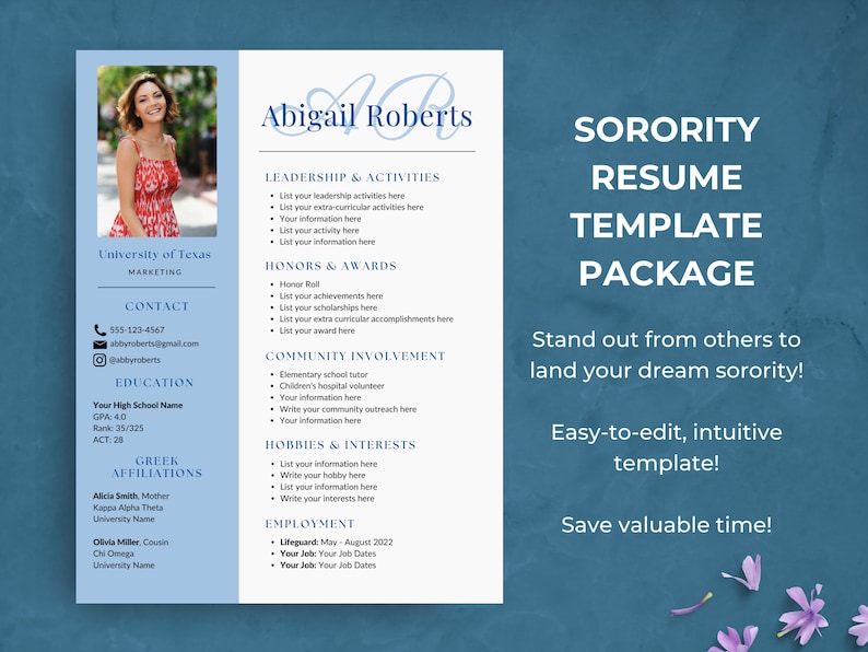 May include: A blue and white sorority resume template with the text "Sorority Resume Template Package" in bold black letters. The template includes sections for leadership and activities, honors and awards, community involvement, hobbies and interests, and employment. The template also includes a photo of a woman and a contact section with her name, phone number, email address, and social media handle.
