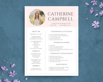 Plantilla de currículum de hermandad con foto, currículum de Pink Rush y ejemplos de cartas de presentación, currículum para eventos sociales universitarios, paquete editable de hermandad.