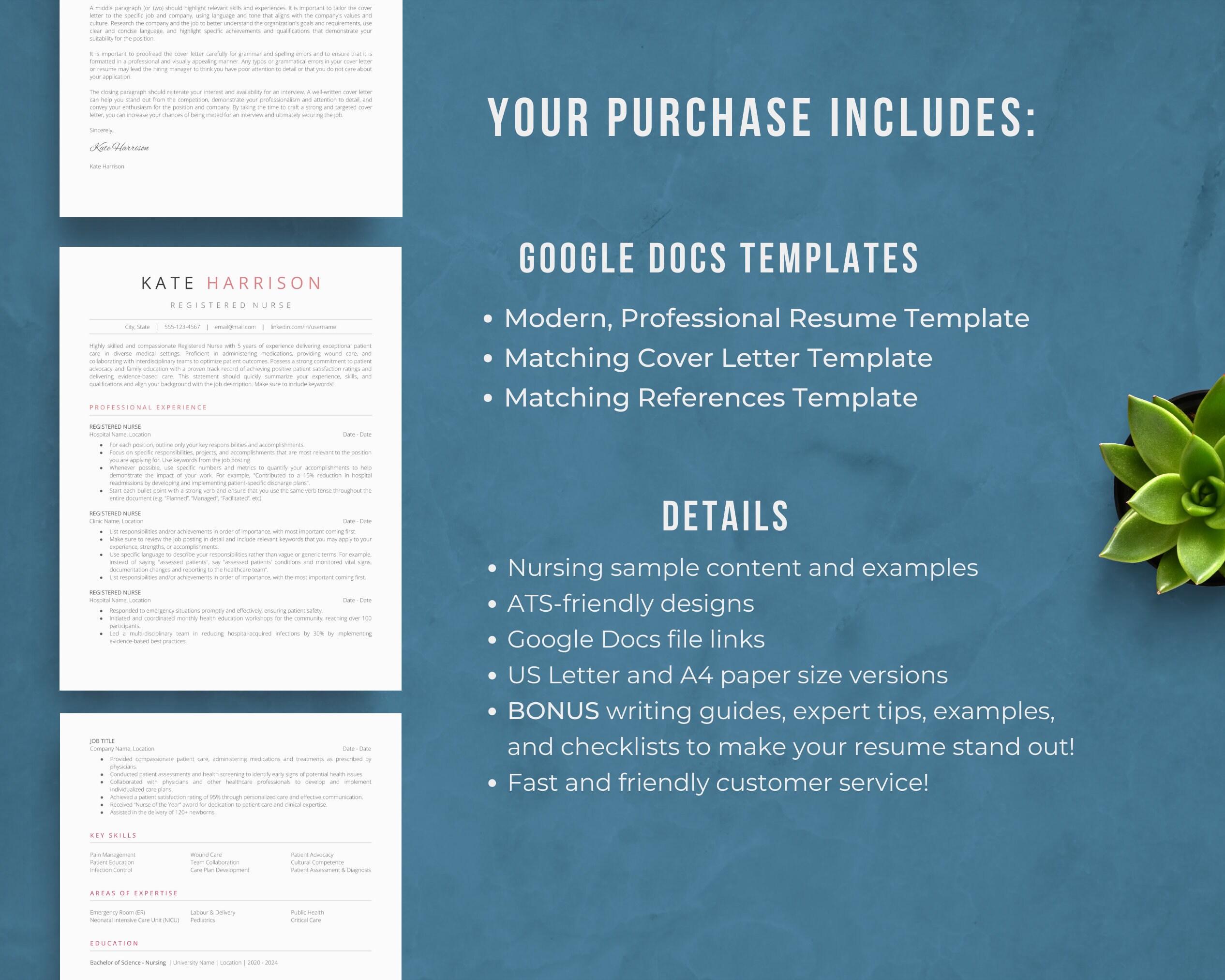 Nurse Resume Template for Google Docs | Nursing Cover Letter | Simple ...