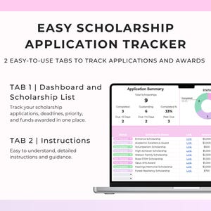 Puede incluir: Una pantalla de port&aacute;til muestra un rastreador de solicitudes de becas titulado "EASY SCHOLARSHIP APPLICATION TRACKER". El rastreador tiene dos pesta&ntilde;as: un panel y instrucciones. El panel muestra res&uacute;menes de solicitudes, incluidos los estados completados, pendientes y vencidos.