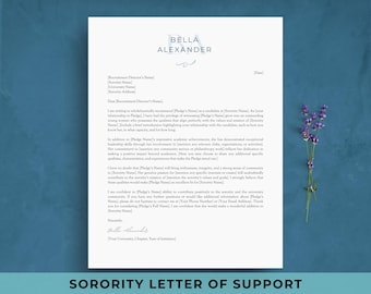 Sorority Recommendation Letter Template | Sorority Recruitment Letter of Support Example for Rush | LOR / LOS | Character Reference