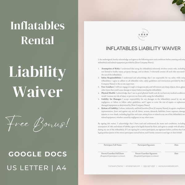 Inflatables Liability Waiver Form Template | Editable, Printable Bounce House Rental Agreement Waiver | Inflatables Rules | Google Docs