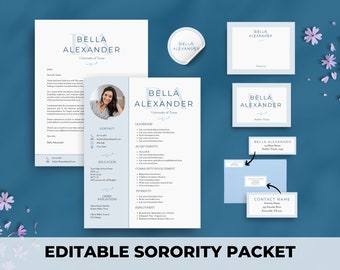 Blue Sorority Packet | Editable Sorority Resume Template with Photo | Rush Resume Template & Cover Letter | College Social Resume Printable
