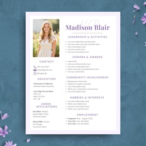 CV-sjabloon Lavender Sorority, CV-sjabloon Purple Rush met voorbeeldsollicitatiebrief, monogram College Social CV-pakket voor Canva
