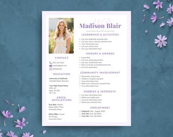 Lavender Sorority Resume Template, Purple Rush Resume Template with Example Cover Letter, Monogram College Social Resume Packet for Canva