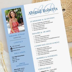 May include: A blue and white resume template with a photo of a woman in a red and white dress. The resume includes sections for leadership and activities, honors and awards, community involvement, hobbies and interests, and employment.
