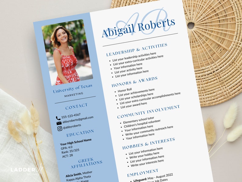May include: A blue and white resume template with a photo of a woman in a red and white dress. The resume includes sections for leadership and activities, honors and awards, community involvement, hobbies and interests, and employment.