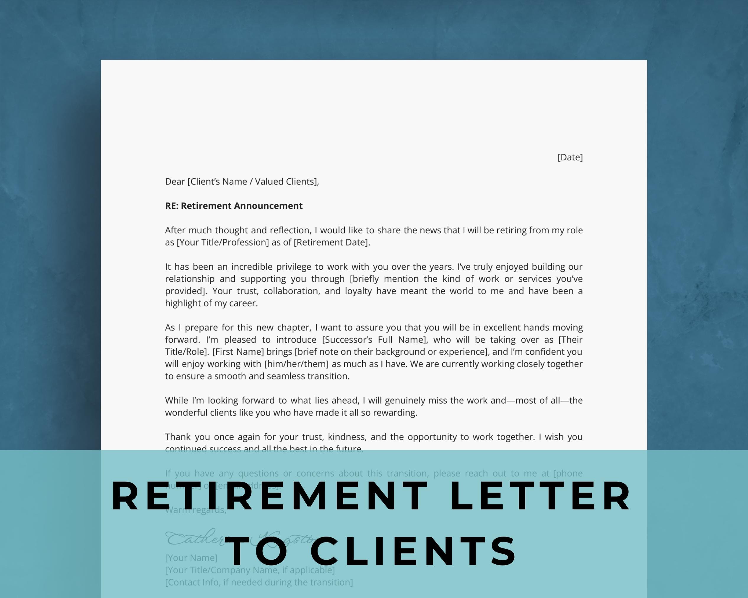 Retirement Letter to Clients Template | Editable Retirement Notice Announcement | Professional Letter of Resignation | MS Word & Google Docs