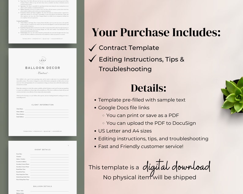 May include: A pink and white digital download product listing for a balloon decor contract template. The listing includes a contract template, editing instructions, tips, and troubleshooting. The text "Your Purchase Includes:" and "Details:" is highlighted in black. The text "This template is a digital download. No physical item will be shipped." is also highlighted in black.
