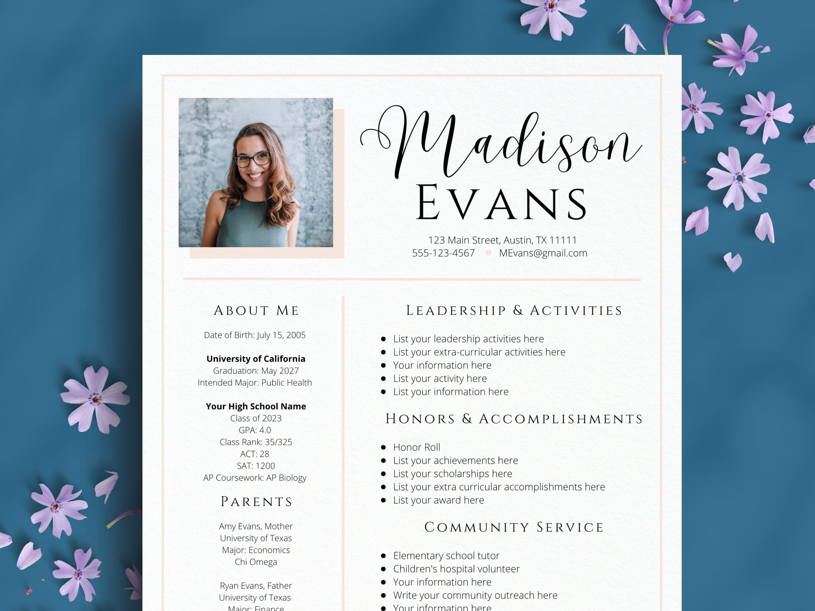 Sorority Resume Template | Editable Rush Resume Template | College Social Resume with Photo and Cover Letters | Recruitment Rush Packet